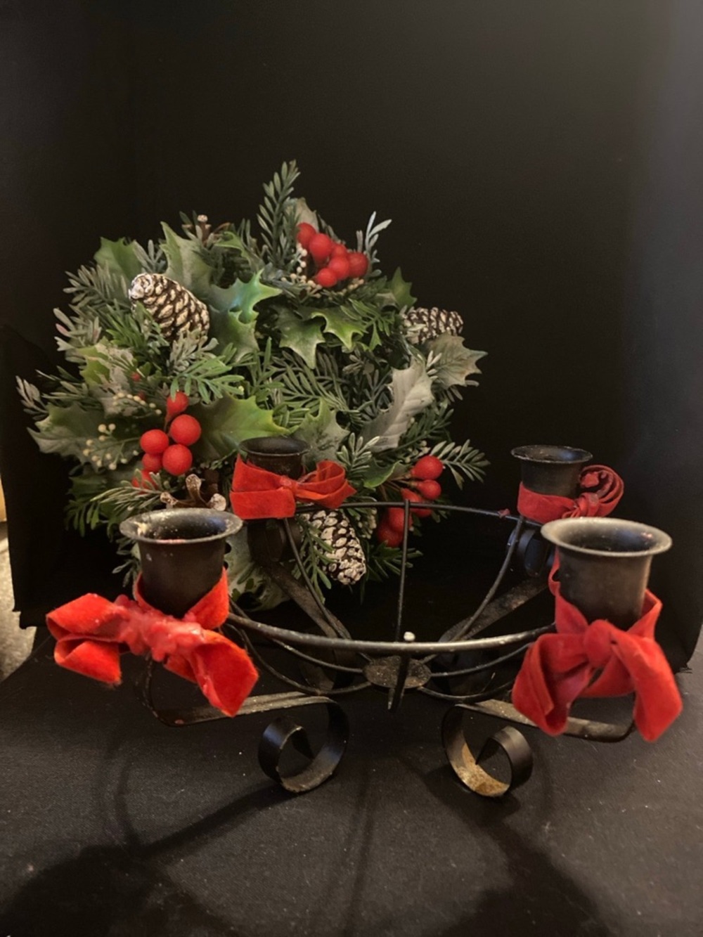 Vintage wrought iron Christmas candelabra centerpiece Vintage plastic greenery